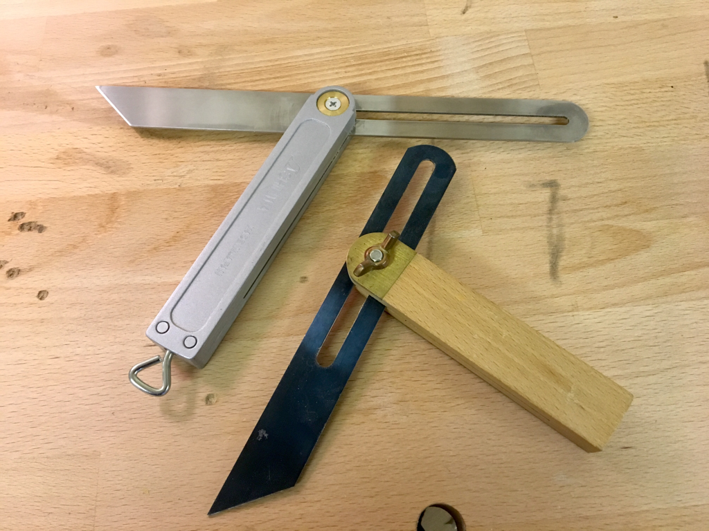 Japanese shinwa on the left compared to a more traditional sliding bevel gauge on the right. David Stephenson Bespoke furniture 