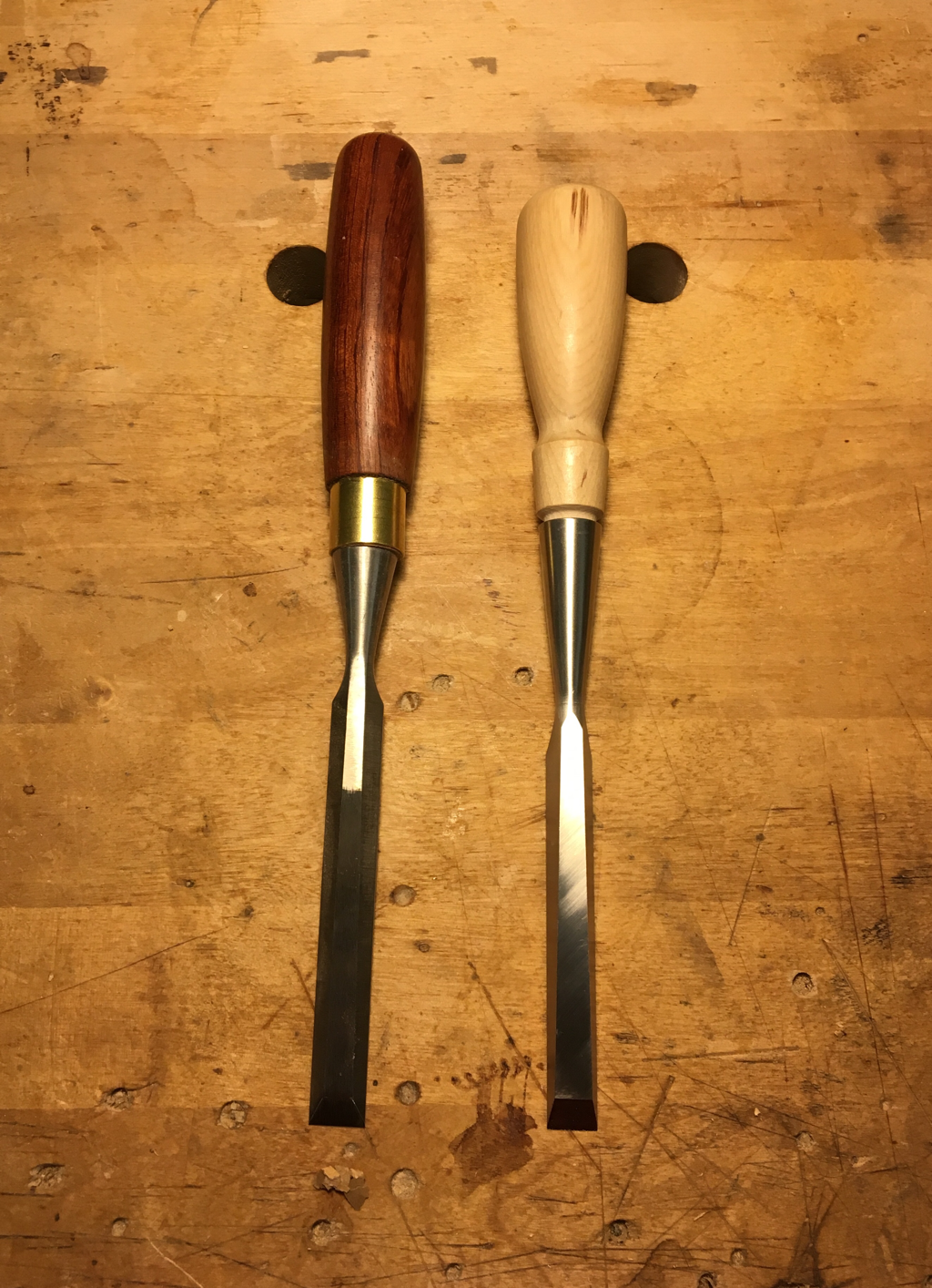 Lie Nielsen socket chisel next to a tang chisel by Ashley Iles