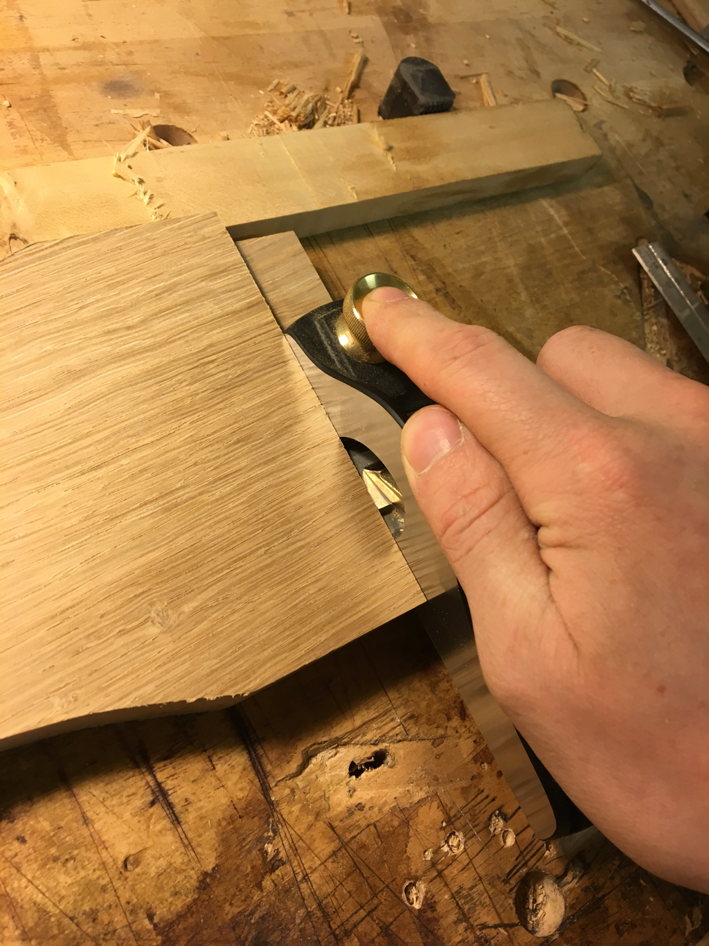 Low angle rebate block plane being used to skim an oak tenon. David Stephenson Bespoke Furniture Hampshire Blog